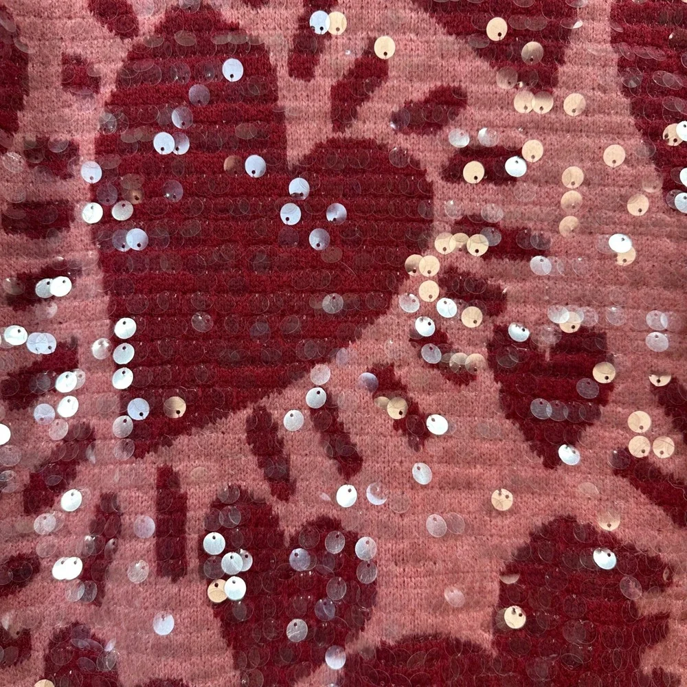 Farm Rio Sequin Hearts Knit‎ Sweater Small Pink Red Wool Blend Love Puff Sleeves